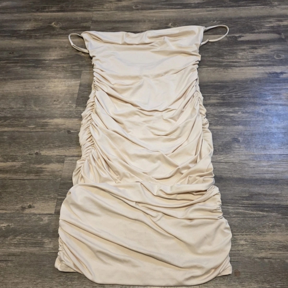 Oh Polly Cream Ruched Dress. Like New